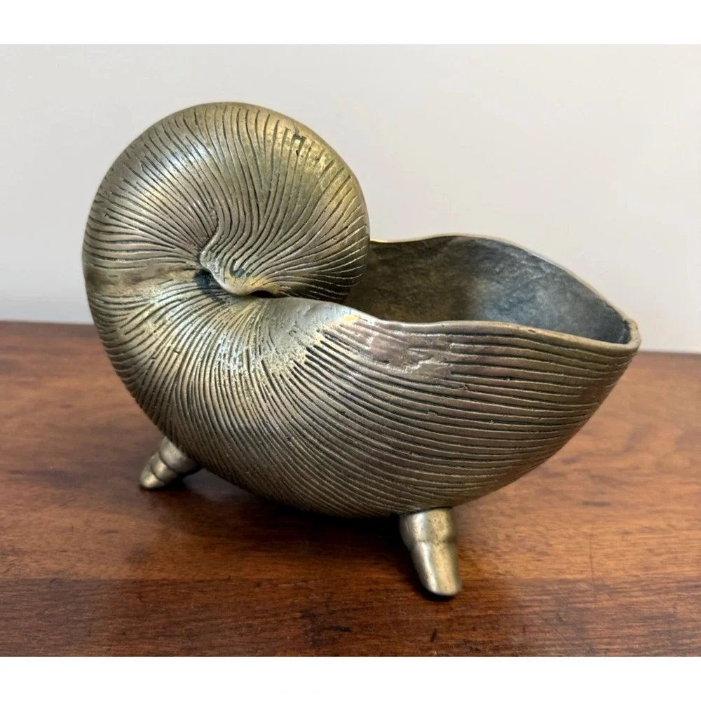 Vintage Brass Nautilus Shell Planter Cachepot Footed MCM Hollywood Regency 8
